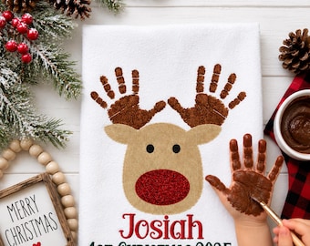 Personalized Reindeer Handprint Towel: Baby's First Christmas Keepsake