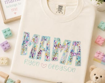 Personalized Blue or Pink Sequins Mama Comfort Colors T-Shirt | Custom Mimi, Gigi, Nana Embroidered Tee | Mother's Day Gift | Grandma Shirt