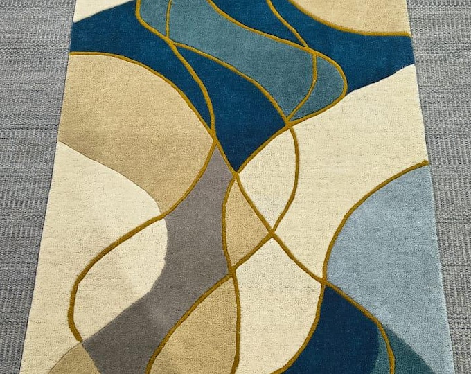 Featured listing image: Modern Abstract Wave Wool Rug Blue Beige • Handwoven Soft Living Room Area Carpet Decor