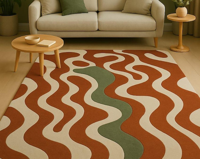 Featured listing image: Hand-Tufted Wool Rug – Wavy Abstract Organic Shape Carpet, Minimalist Scandi Decor