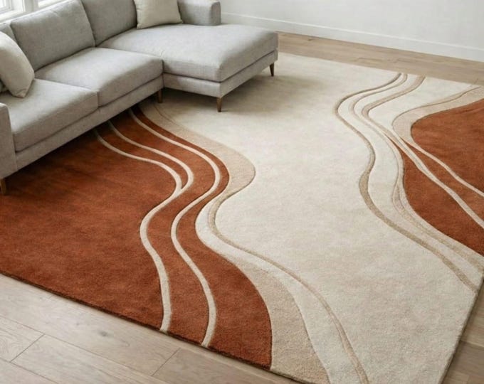 Featured listing image: Hand Tufted Wool Area Rug, Beige & Terracotta Wavy Design, Scandinavian Decor