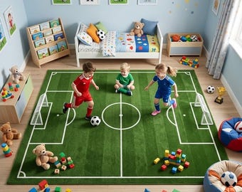 Hand Tufted Wool Soccer Field Rug, Kids Room Carpet, Football Pitch Play Mat