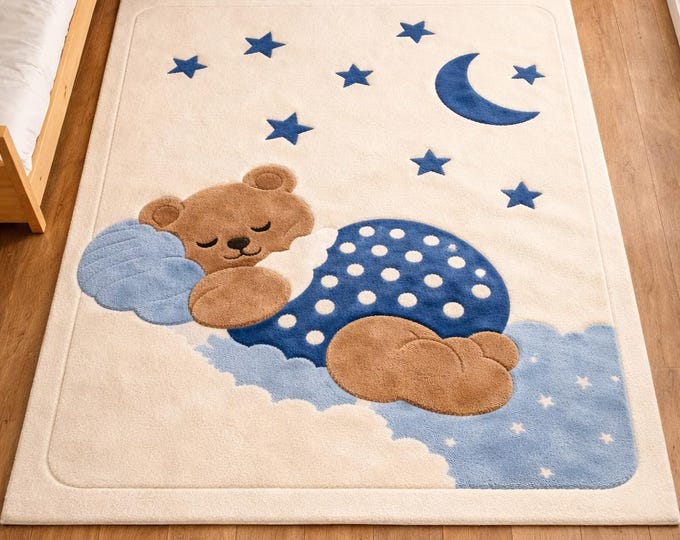 Featured listing image: Hand-Tufted Teddy Bear Nursery Rug – Moon Stars Cloud Playroom Carpet
