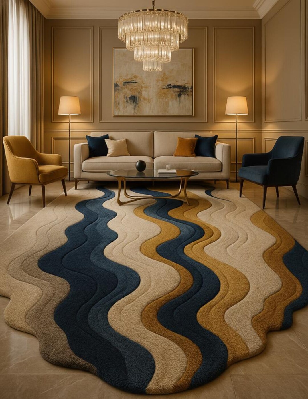 Hand Tufted Modern Wave Wool Rug, Abstract Blue Beige Gold Designer ...