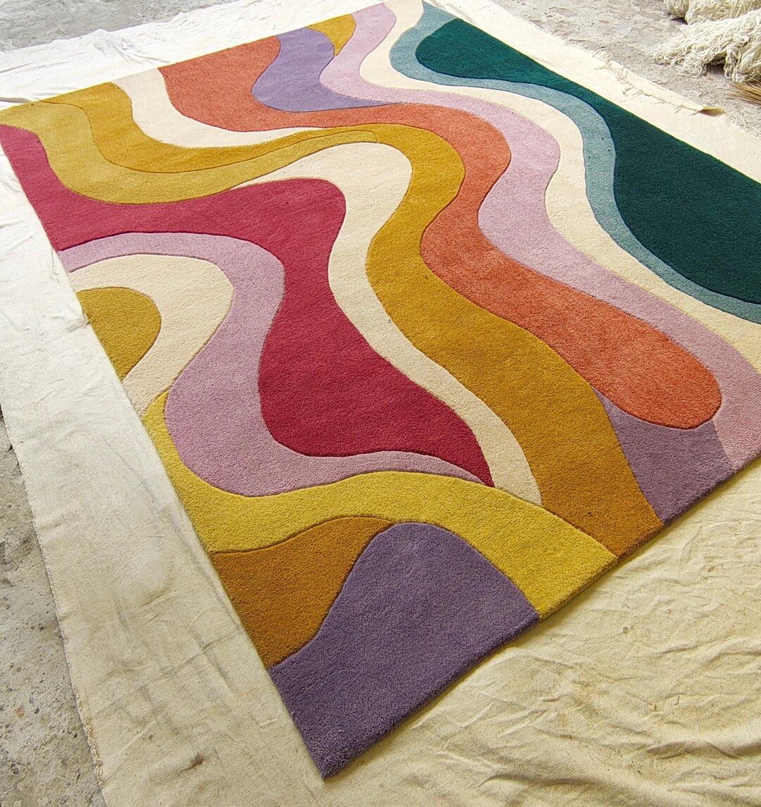 Abstract Wavy Wool Rug – Mid Century Modern Hand Tufted Plush Carpet - Etsy