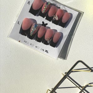 Handmade Black French Tip Press On Nails: Rhinestone Bling, Reusable