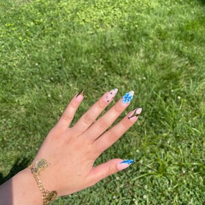 handmade blue 3d flower nails summer nail nail inspo blue gems gold chrome handmade press on nails 10pcs