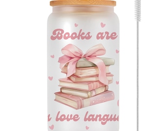 Bookish Iced Coffee Tumbler, Pink Glass Cups with lid & straw, Book Lover Glass Cups, Bookish Cups for Gift, Reader Accessories