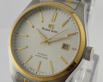 Klasyczny zegarek automatyczny Grand Seiko: Biała tarcza, dwukolorowy pasek, męski zegarek, w pełni sprawny