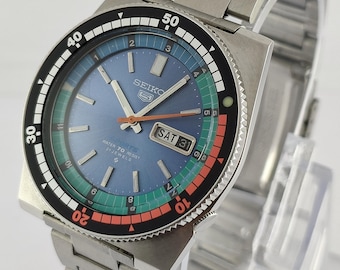 Vintage Seiko Regatta Automatic Cal.6119 Blue Day and Date Black Dial Men's Wristwatch Recently Service "Keep Good Time"