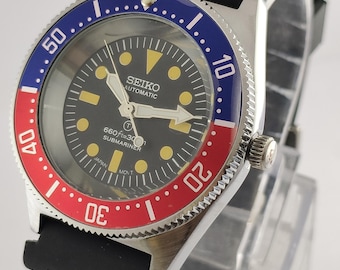 Vintage Seiko Diver Automatic Pepsi Bezel 17 Jewels Black Dial Cal.6309 Recently Service Men Wristwatch