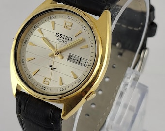 Vintage Seiko 5 Automatic 17 Jew Silver Dial GP Case Day/Date Cal.6309 Leather Band Men's Working Wristwatch "Keep Good Time"