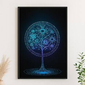 Könnte beinhalten: Gerahmter Kunstdruck mit einem digitalen Baumdesign. Das Kunstwerk zeigt einen Baum mit Binärcode, der die Blätter und Blüten bildet. Das Farbschema ist ein Farbverlauf von Blau und Türkis auf schwarzem Hintergrund. Der Druck befindet sich in einem Wohnzimmer.