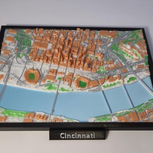 Carte de la ville imprimée en 3D Cincinnati, art mural urbain moderne, cadeau carte topographique, décoration paysage urbain, plan de rue 3D, cadeau carte de ville personnalisé