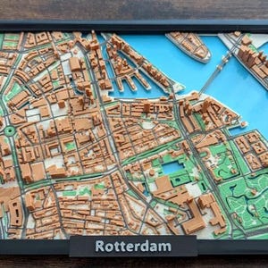 3D-geprinte stadsplattegrond Rotterdam, moderne stedelijke muurkunst, cadeau topografische kaart, decor stedelijk landschap, 3D-stratenkaart, cadeau aangepaste stadskaart