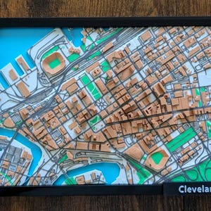 3D-geprinte stadsplattegrond van Cleveland, moderne stedelijke muurkunst, cadeau topografische kaart, decor stedelijk landschap, 3D-stratenkaart, cadeau aangepaste stadskaart