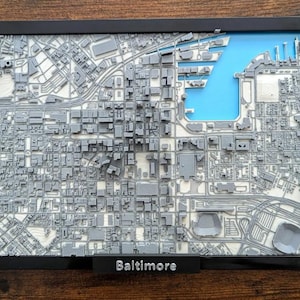 3D-geprinte stadsplattegrond Baltimore, moderne stedelijke muurkunst, cadeau topografische kaart, decor stedelijk landschap, 3D-stratenkaart, cadeau aangepaste stadskaart