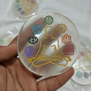 Selenite Charging Plate 3&quot; | 7 Chakra Golden Engraved Disc | Crystal Energy Cleanser & Spiritual Healing Tool
