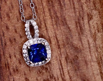 Estate Sterling Silver Blue Sapphire/White Sapphire Pendant Necklace