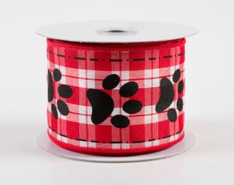 Holiday Christmas RED WHITE Windowpane Plaid Canvas 2.5" Wired Ribbon Big Black Pet Pawprint Paw Prints Dog Cat Wire Edged 2 1/2" by Yd/Roll