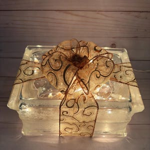COPPER GOLD Sheer Glitter Swirls Ribbon Holiday Decor Year Round Glass Block Light Decorative Brick Lite Unique Gift 24/7/365 Night Light