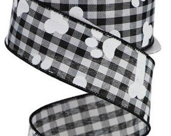 1.5" BLACK & WHITE Gingham Check Wired Ribbon White Dog Bones Paw Prints Doggy Pet Paws Canine Bone Pawprint Wire Edged 1 1/2" by Yard/Roll
