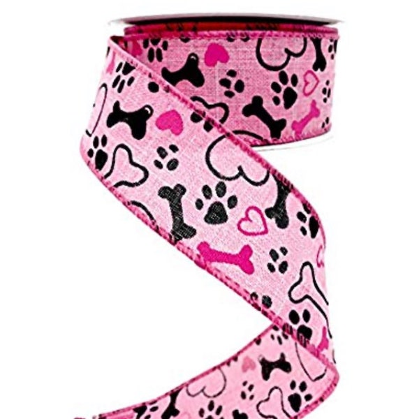Valentine's Day PINK Canine Paw Print Wired Ribbon 1 1/2" Black Pet Prints DOG BONES Hearts Pawprint Bone Paws Wire Edged 1.5" by Yard/Roll