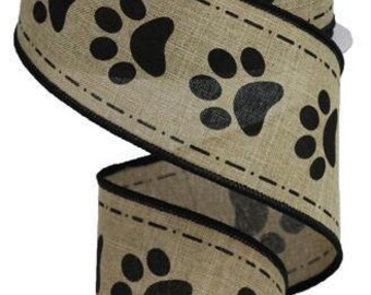 Printed large grain ribbon EMPREINTE PATTE Dog Animal Cat Multicolored Striped 25 mm sold per metre