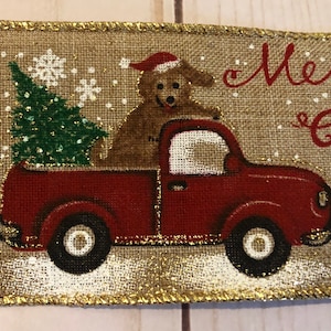 Holiday Merry Christmas Tree Snow Vintage Red Truck Brown Tan Dog Wired 2.5&quot; BEIGE LINEN Gold Glitter Ribbon 2 1/2&quot; Wire Edged by Yard/Roll