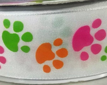 GREEN ORANGE PINK Dog Cat Kitty Doggy Puppy Pup Doggie Pet Paws Paw Print 1.5" Wired Seamless Ribbon Pawprint 1 1/2" Wire Edged by Yard