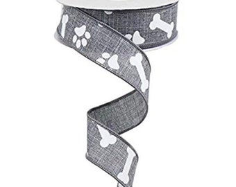 May include: Gray and white ribbon with a paw print and bone design.
