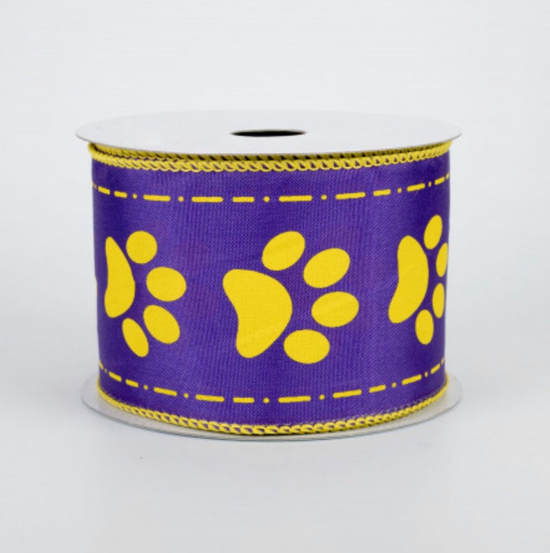 PURPLE Paw Print Wired Ribbon 2 1/2 YELLOW GOLD Cat Dog Etsy