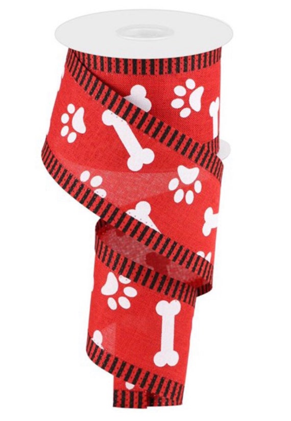 Valentine's Day WHITE Paw Print Dog Bone RED Wired Ribbon 2 1/2 Pet Prints  Doggy Bones Paws Thin BLACK Striped Borders 2.5 by Yard/roll 