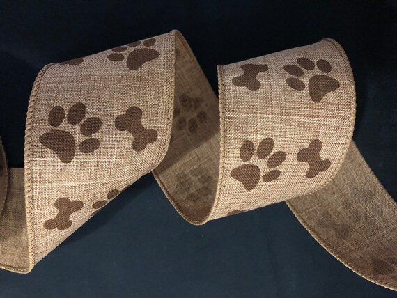 Wired Ribbon * Paw Prints & Bones * Brown and White * 1.5 x 10