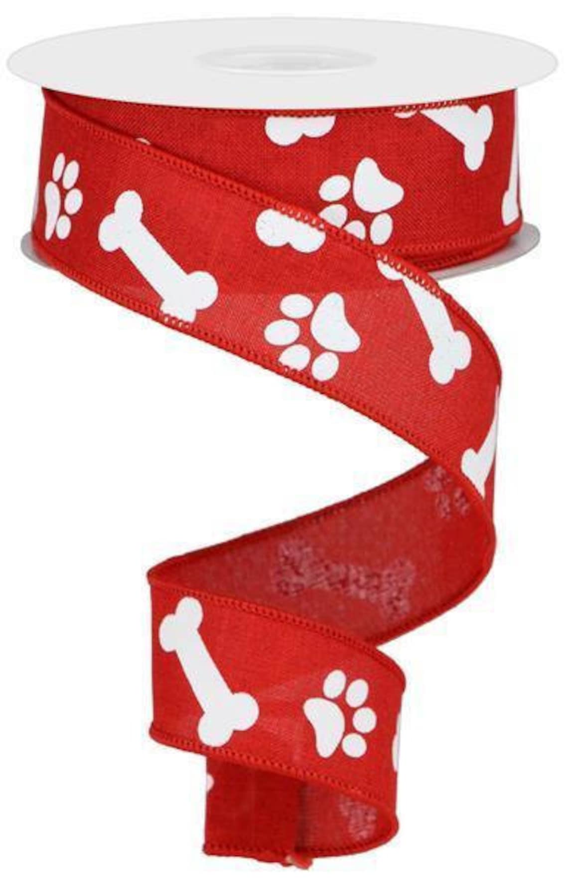 RED Paw Print Dog Bone Wired Ribbon 1 1/2 Inch WHITE Paw Etsy