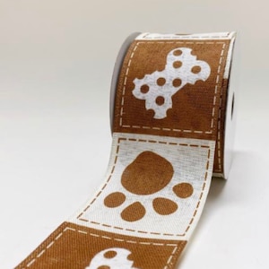 BROWN IVORY Paw Print Dashed Lines Wired Ribbon 2 1/2&quot; Bones Doggy Dog Doggie Pawprint Puppy Canine Bone Paws Wire Edged 2.5&quot; by Yard/Roll