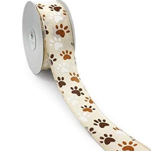 Ivory Canvas WHITE TAN BROWN Little Dog Cat Pet Paws Kitty Puppy Pup Paw Print 1.5&quot; Wired Ribbon Pawprint 1 1/2&quot; Wire Edged by Yard or Roll