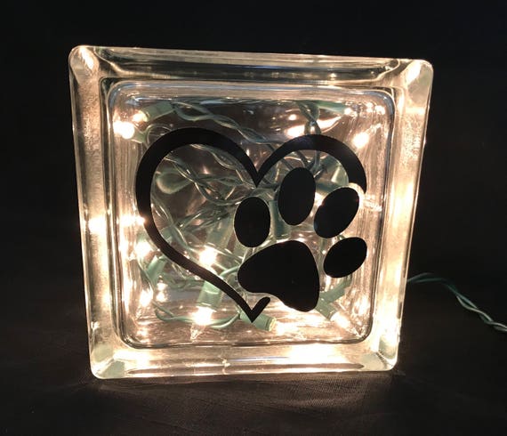 Paw Print Within Partial Heart Glass Block Light Animal Etsy