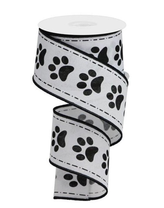 PINK Paw Print Wired Edge Linen Ribbon 2.5 Black Dog Paws Bones