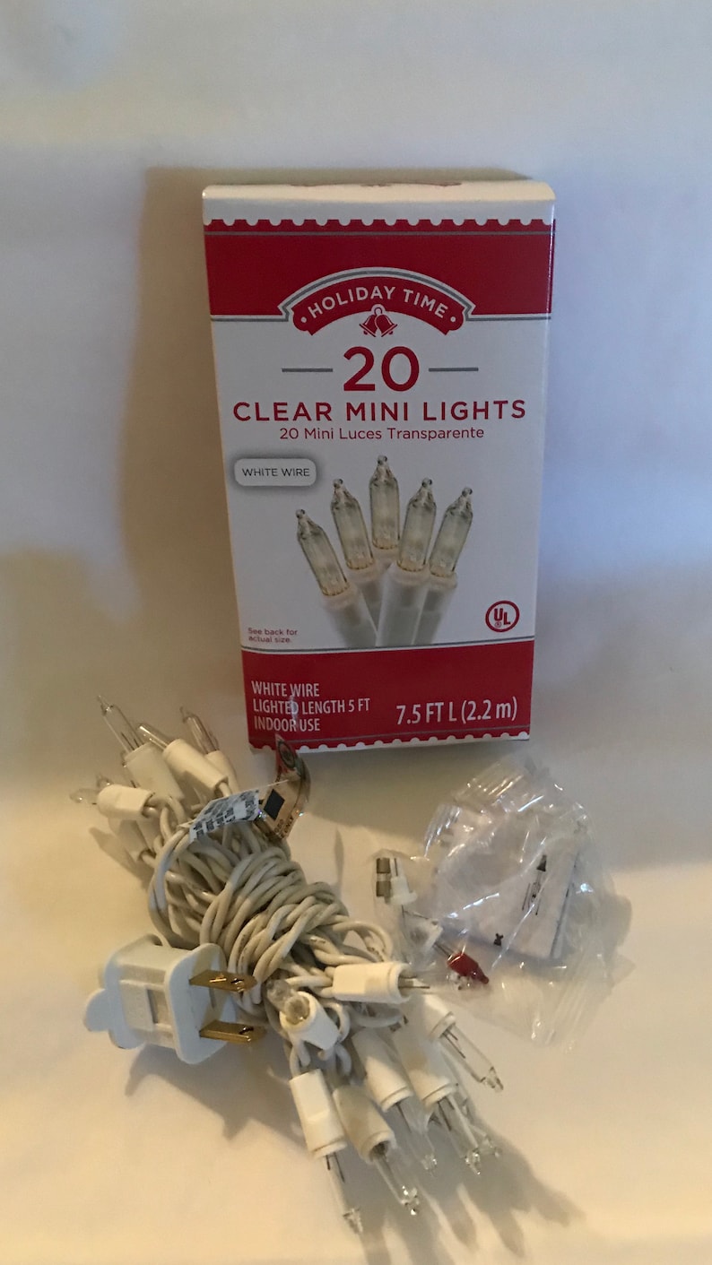 May include: A package of 20 clear mini lights with white wire. The lights are 7.5 feet long and are for indoor use. The package is red and white with the text "Holiday Time" and "20 Clear Mini Lights".