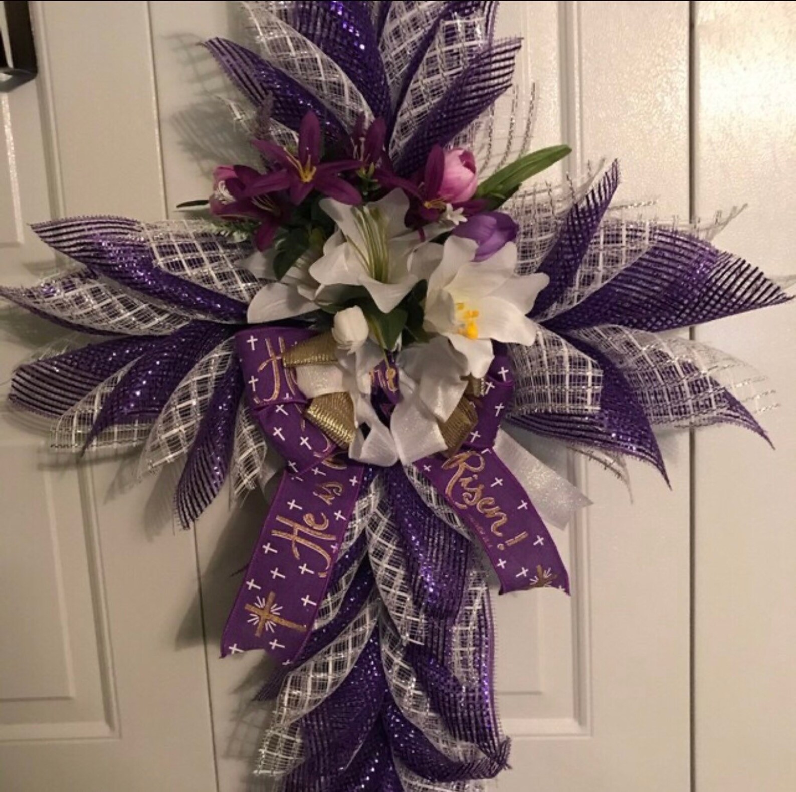 GOLD He is Risen PURPLE CANVAS Wired Ribbon 2 1/2 Religious Christian White Cross Bible God