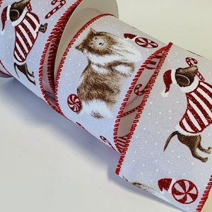 Holiday Christmas Collie Dachshund Dogs WHITE LINEN Wired 2.5&quot; Ribbon 2 1/2&quot; RED Wire Edged Glitter Candy Cane Peppermint Dog by Yard/Roll