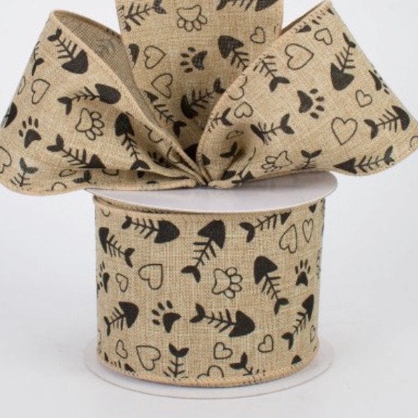 BEIGE CAT LINEN Paw Print Wired Canvas Ribbon 2 1/2" Kitty Fish Bones Treats Hearts Pawprint Pet Paws Heart Wire Edged 2.5" by Yard/Roll