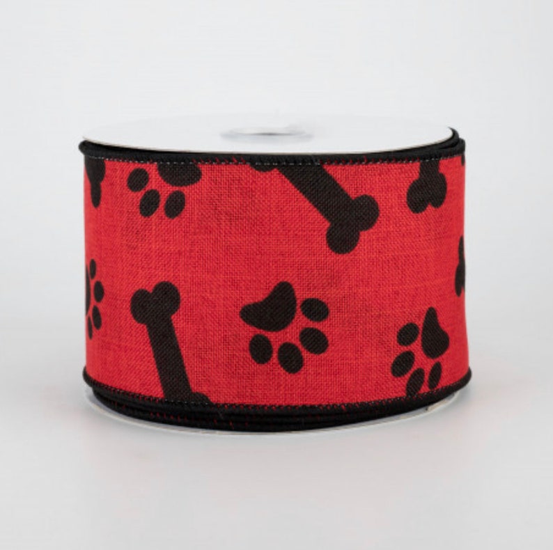 RED LINEN 2.5 Wired Ribbon BLACK Dog Bones Paw Print Etsy