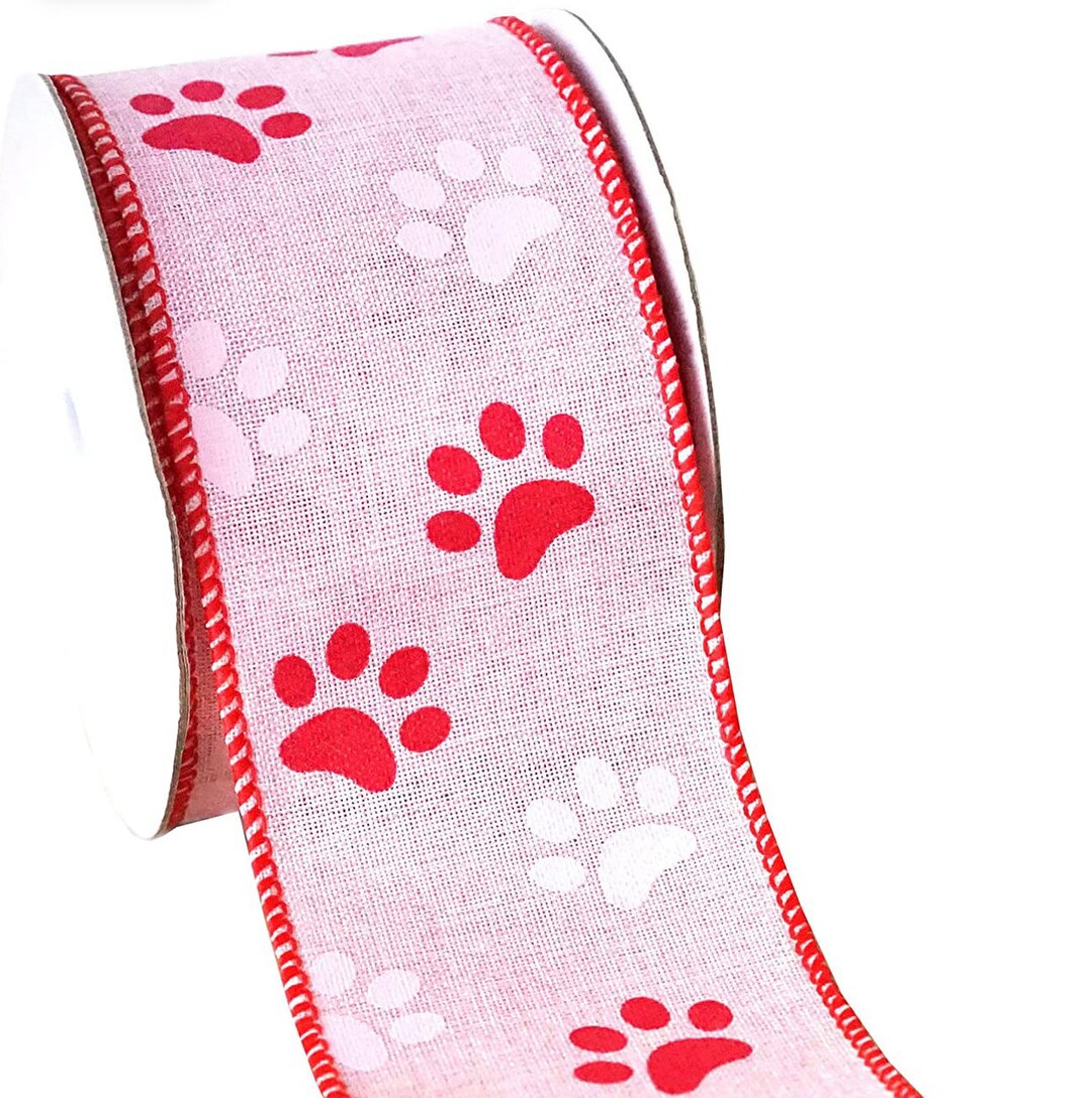 Light & Hot PINK Paw Print Paws Wired BURLAP Ribbon 2 1/2