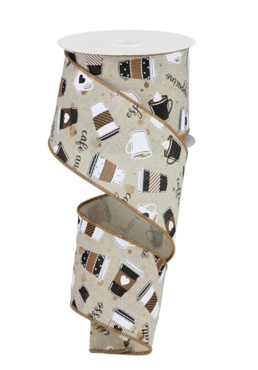 BEIGE Coffee Cup Wired Linen Ribbon 2 1/2