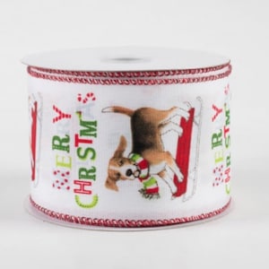 May include: White ribbon with a red, green, and brown dog wearing a scarf and pulling a red sled. The ribbon has the text "Merry Christmas" on it.