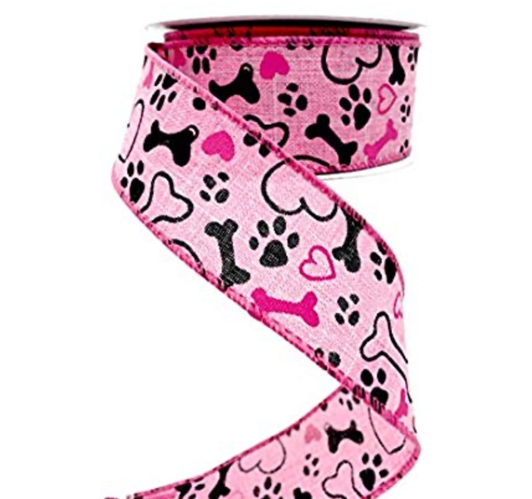 Valentine's Day PINK Canine Paw Print Wired Ribbon 1 1/2