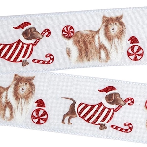 Holiday Christmas Collie Dachshund Dogs WHITE LINEN Wired 2.5&quot; Ribbon 2 1/2&quot; Wire Edged RED Glitter Candy Cane Peppermint Dog by Yard/Roll