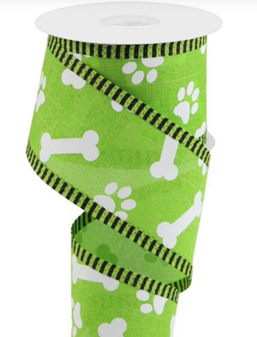 LIME GREEN Paw Print Dog Bone Wired Ribbon 2 1/2 WHITE Pet Paws